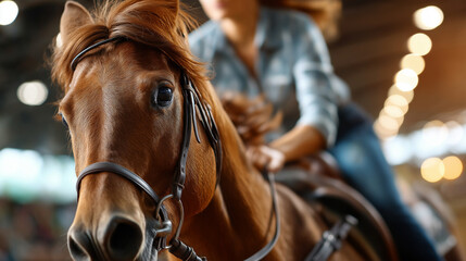 Obraz premium Faceless cowboy showcasing barrel racing skills on horseback, western equestrian competition, arena performance, speed event, traditional sport, defocused spectators, with copy spa