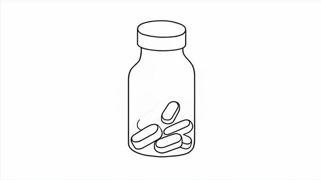 Single continuous line drawing pill bottle. Medical capsules container. Tablet pills medical drug pharmacy care and tablet pills antibiotic pharmaceutical.