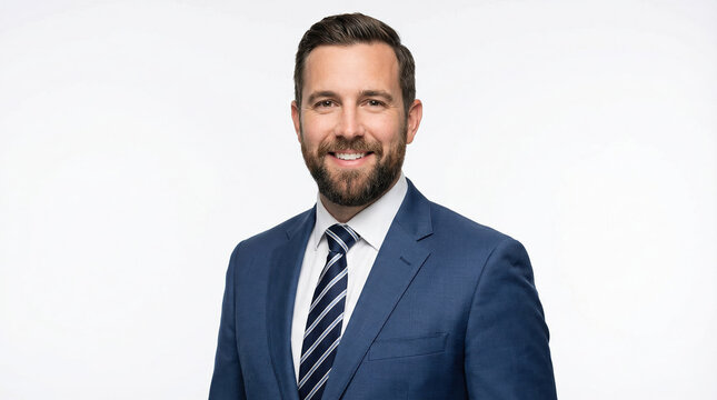 Professional portrait generic a smiling businessman with a beard wearing a blue suit and striped tie against white background