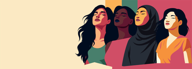 Women's day. Vector illustration of four women of different cultures and nationalities standing together and looking up. Feminism, freedom. Movement for gender equality women's empowerment
