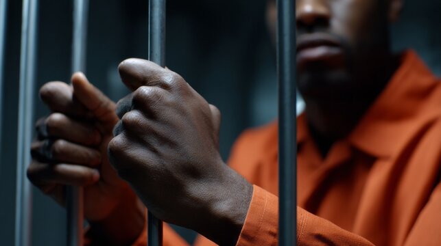 A man in an orange shirt is behind bars. He is holding onto the bars with his hands