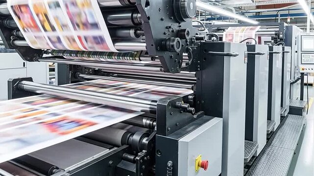 Industrial Offset Printing Machine in Operation with Paper Moving Through