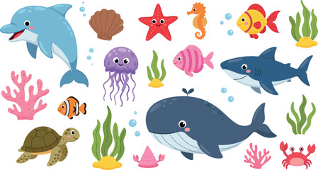 Fototapeta premium Cute ocean animal collection vector with whale, dolphin, shark, fish, turtle, jellyfish, coral, and colorful underwater sea life