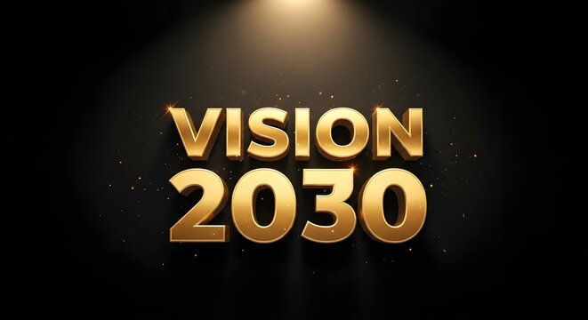 Golden Vision 2030 text in bold three dimensional letters against dark background with sparkles symbolizing economic transformation and future growth for the Kingdom of Saudi Arabia region