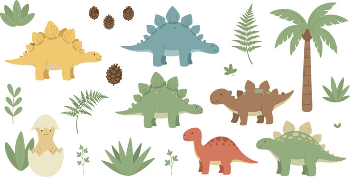 Cute pastel stegosaurus dinosaur set vector with tropical plants, pinecones, eggs, and prehistoric cartoon animals for kids