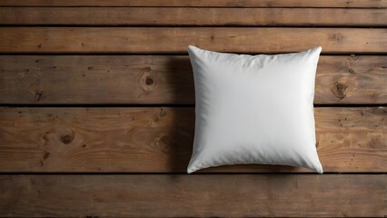 Blank white square pillow mockup on rustic wooden bench, top view cushion template for custom design, textile branding, home decor and product presentation