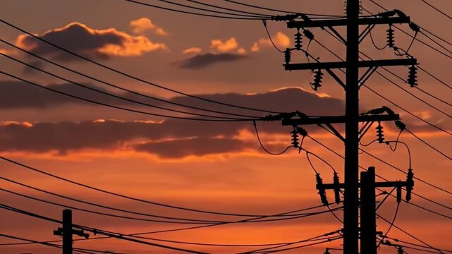 Sunset Over Power Lines Creating a Silhouette Scene.