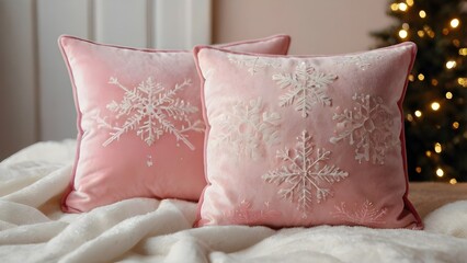 Cozy Christmas pillow mockup in pink velvet with snow ornament, festive holiday cushion decor for winter branding, seasonal home styling and product presentation