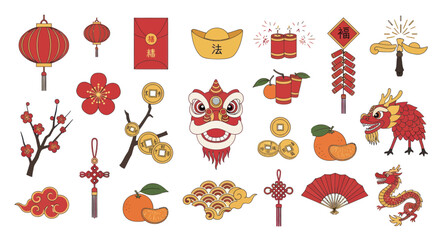 Chinese New Year Icons: Dragon, Lanterns, Firecrackers, Red Envelopes, Coins & More