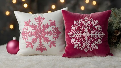 Cozy Christmas pillow mockup in pink velvet with snow ornament, festive holiday cushion decor for winter branding, seasonal home styling and product presentation