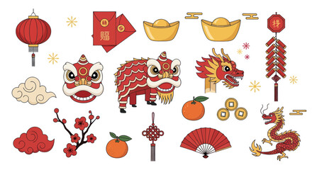 Chinese New Year Icons: Dragon, Lion Dance, Lanterns, Lucky Charms, Oranges, Gold