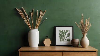 Blank picture frame mockup on green wall above wooden cabinet with dried grass vase and white vase holding paintbrushes, minimal interior decor scene