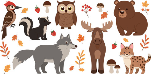 Fototapeta premium Cute woodland animal collection vector with bear, fox, wolf, owl, deer, mushrooms, berries, and autumn forest elements