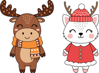 Fototapeta premium Cute winter animal characters vector with reindeer and fox in festive outfits, Christmas cartoon illustration, kawaii holiday design