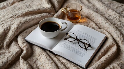 Mockup of white book with coffee cup and glasses on rumpled bed, cozy reading lifestyle scene for branding, publishing, stationery design and home interior concept