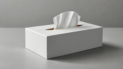 Minimal white tissue box mockup on clean white surface with soft paper tissues emerging from the top, hygienic minimalist product display for branding and packaging