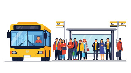 Yellow bus approaching a bus stop with waiting passengers © ShapeCraft