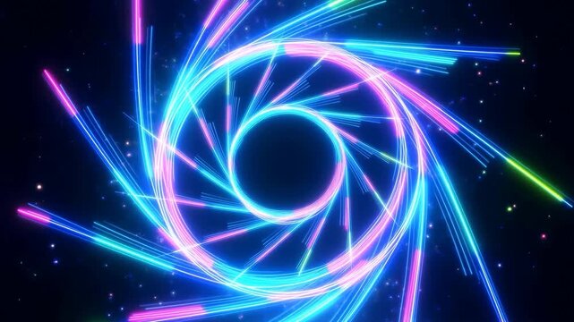Rotating dynamic neon waves. Colored shiny sparks of spiral wave.