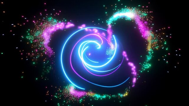 Rotating dynamic neon waves. Colored shiny sparks of spiral wave.