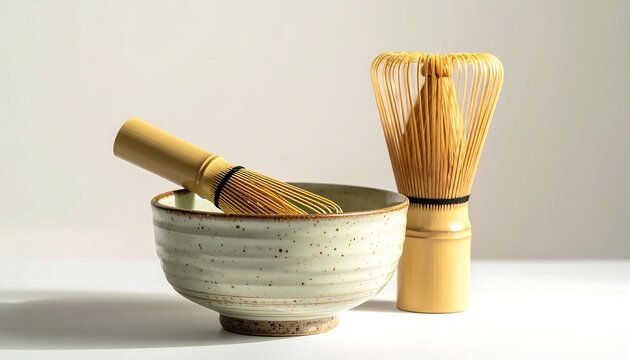 Traditional Japanese matcha tea set with a ceramic chawan bowl and a bamboo chasen whisk on a light background.