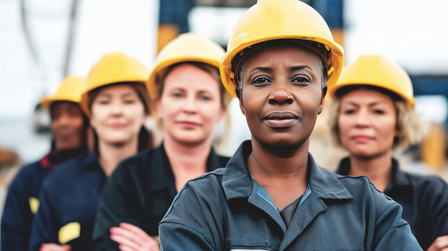 Women of various ages and ethnicities, working together in an industrial environment, donning safety equipment, and posing confidently for the camera