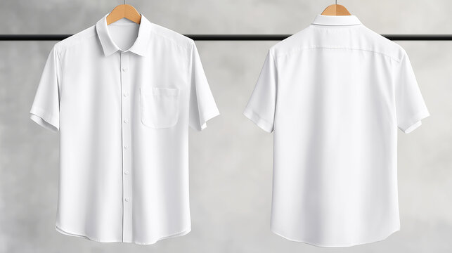 Clean white button shirt, front and back, hanging on a wood hanger against grey wall, a blank clothing mockup
