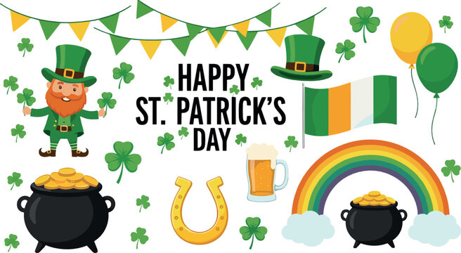 St Patrick&rsquo;s Day celebration vector set with leprechaun, shamrocks, rainbow, pot of gold, Irish flag, beer, and festive decorations