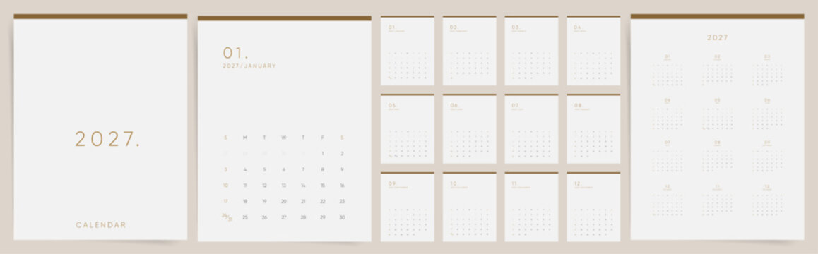 2027 Calendar template design in beige minimal style. Week starts on Sunday. Elegant wall and desk planner. English vector monthly pages and yearly overview layout.
