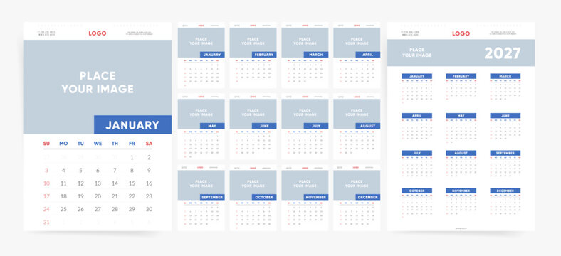 2027 Calendar template design. Week starts on Sunday. Corporate blue photo wall and desk calendar with logo header. Editable English vector monthly pages layout.
