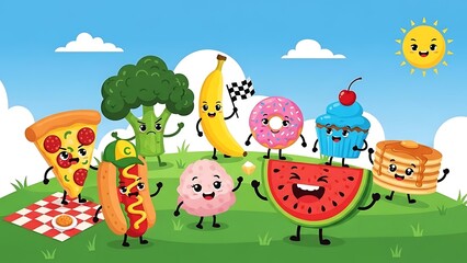 Obraz premium Playful cartoon foods like pizza, broccoli, and banana race on a grassy hill under a cheerful sun