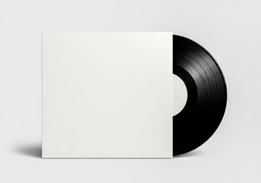 A vinyl record partially emerging from its white protective sleeve. album cover mockup