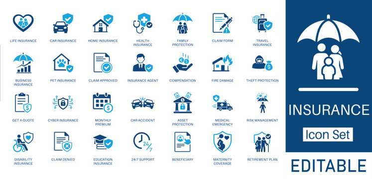 Insurance and Protection solid icon set. Includes symbols for Life, Health, Car, and Home Insurance. Solid vector icons for insurance policy, risk management, and claim services.