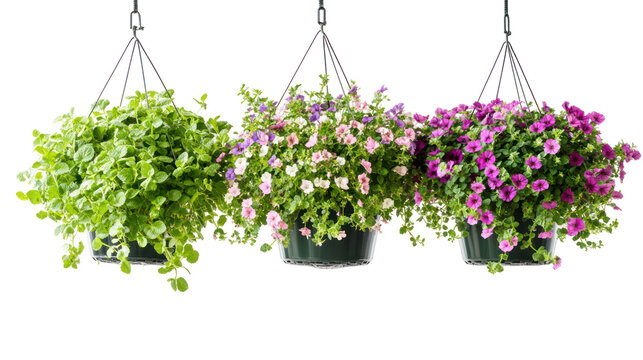 Hanging flower pots with blooming plants on transparent background