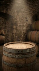 Fototapeta premium Old Oak Wine Barrel Podium in Dark Stone Cellar