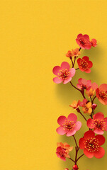 Fototapeta premium Minimalist Pink Blossom Branch on Pastel Yellow Background