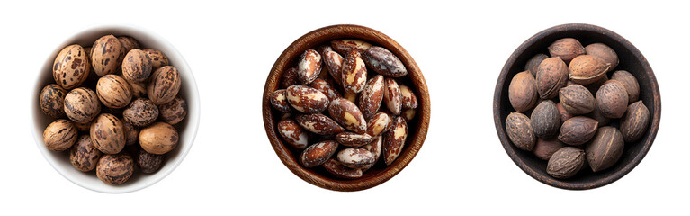 Obraz premium Collection of bowls of assorted nuts isolated on a white or transparent background