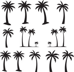  set of palm trees, palm, tree, tropical, vector, silhouette, beach, nature, leaf, illustration, summer, coconut, palm tree, island, plant, design, travel, pattern, sea, sun, palms, branch, palmtree