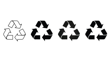 Four variations of the universal recycling symbol are displayed showing progression in design and style