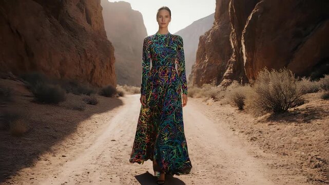 Woman in dress standing on the pathway with rocky landscape background