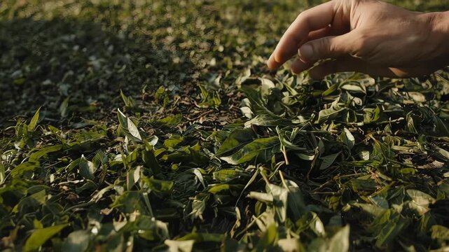Hand selecting tea leaves during harvest.