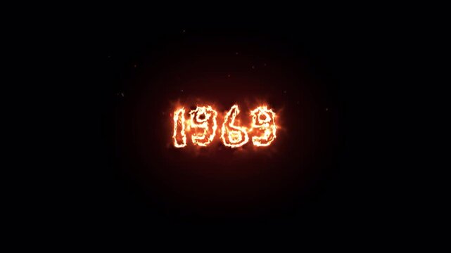 1963 sign in burning style. Abstract text animation fire dark 4K