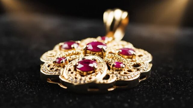 Luxurious ornate gold pendant with bright red rubies and small diamonds set on black velvet surface