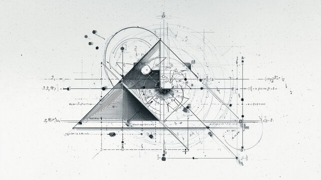 Geometric diagram outline with mathematical illustrations and simple line art, white background.