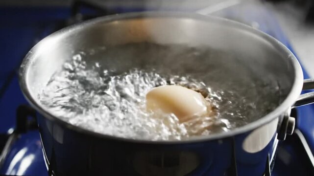 Boiling an egg in a stainless steel pot on a blue gas stove, cooking process detail