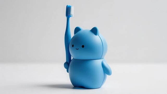 Blue toothbrush and its holder against neutral background