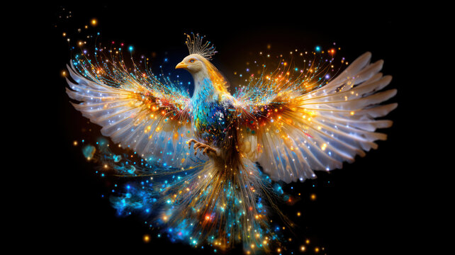 Bright fantastic firebird or phoenix on black background, in flight