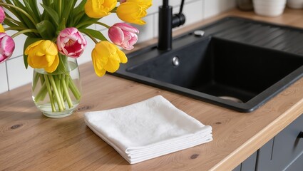 Clean kitchen scene with modern black sink, minimalist faucet, folded white towels and tulips on wooden countertop, emphasizing kitchen order, hygiene and daily home routine