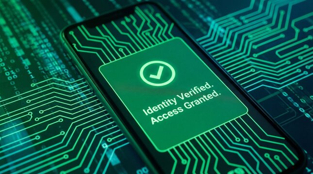 Identity verified and access granted on smartphone with secure digital authentication system, representing mobile security, cybersecurity protection, and safe online login.