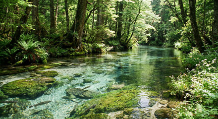 Fototapeta premium Pristine Wilderness River Flowing Through Dense Forest Sunlight Illuminates Clear Water