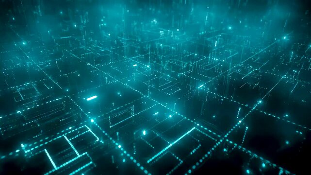 Abstract digital network grid with glowing blue data nodes and geometric pathways forming a vast technological system view